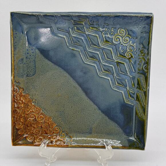 Handmade Signed Art Pottery Square Plate Dish Blue Brown 7.5" Rico - Picture 1 of 6